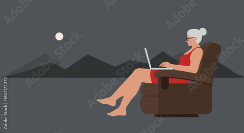 Senior woman works remotely on laptop from a comfy armchair under the moon, with mountains. Modern lifestyle, freedom, digital nomad.