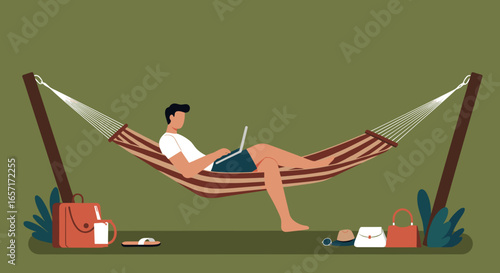 Man works remotely on laptop from comfortable hammock. Embracing digital nomad lifestyle, combining leisure with productivity in a relaxed setting.