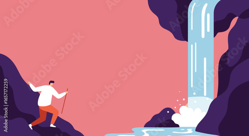 Adventurous person hiking uphill towards a powerful waterfall in a vibrant natural landscape. Symbolizes exploration, journey, and achieving goals in the great outdoors.
