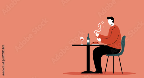 Man enjoying a meal and wine, engaged with his steaming mobile phone at a modern table, depicting contemporary dining lifestyle.