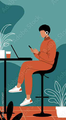 Person working remotely at a modern table, using a smartphone and laptop. Represents connectivity, online learning, and flexible work lifestyle.