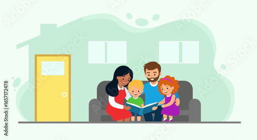 Happy family with two children enjoying story time, reading a book together on a sofa at home. Illustrates parenting, learning, and family lifestyle.