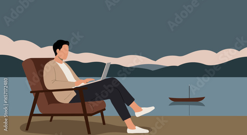 Man working on laptop outdoors by a serene lake with mountains, embodying remote work and a balanced lifestyle. Ideal for business, travel, and technology concepts.