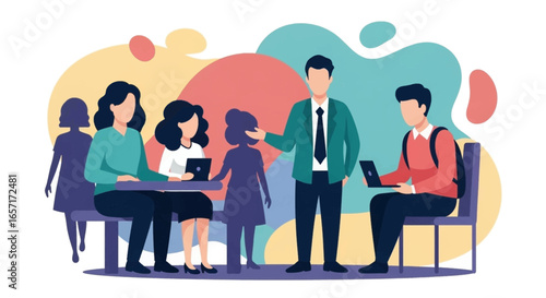 Diverse group of professionals collaborating in a modern setting, utilizing technology for teamwork and learning. Ideal for business, education, or lifestyle concepts.
