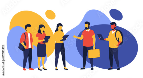 Diverse team collaborates digitally, utilizing tablets and laptops against a modern abstract background. Ideal for business, technology, education, or teamwork concepts.