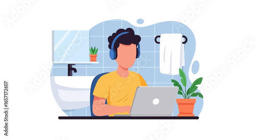 Person wearing headphones uses a laptop in an unconventional home office setting, illustrating remote work flexibility and focused productivity.