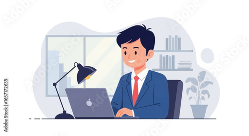 Smiling businessman works diligently on laptop in a modern office, embodying productivity and professional success. Ideal for corporate, finance, or online business concepts.