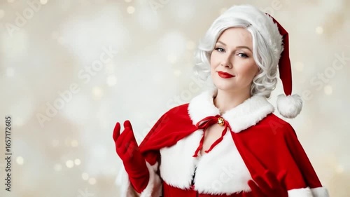 A gorgeous Mrs. Claus with a vintage look, embodying Christmas joy with grace and style.