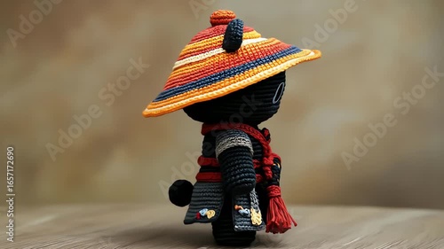 A black crochet doll dressed as a samurai in a colorful hat