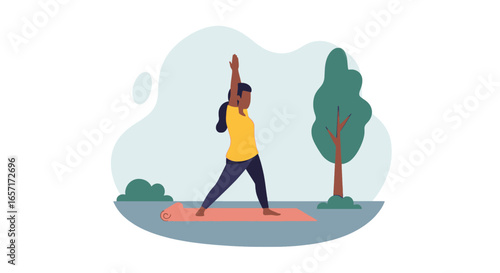 Woman practices yoga outdoors on a mat, finding balance and wellness. Ideal for health, fitness, or lifestyle concepts.
