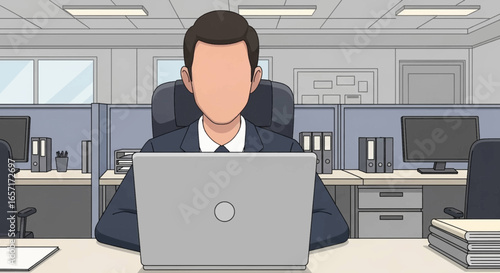 Animated business professional using a laptop at an office desk in a modern cubicle workspace. Represents productivity, technology, and corporate life.