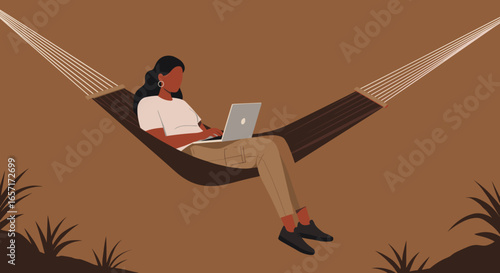 Woman working remotely on a laptop in a cozy hammock, blending relaxation with productivity. Ideal for digital nomad, flexible work, or peaceful lifestyle concepts.