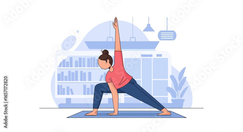 Woman practicing yoga indoors on a mat, performing a stretching pose for fitness, wellness, and relaxation at home.