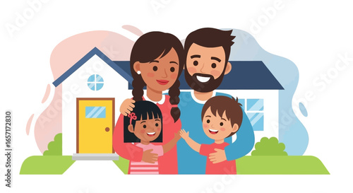 Happy multi-ethnic family, including parents and children, standing proudly in front of their new home. Illustrates security, real estate, and comfortable living.