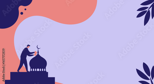 Man engaged in a spiritual moment with a mosque and crescent symbol, representing Islamic devotion and community celebration like Ramadan or Eid.