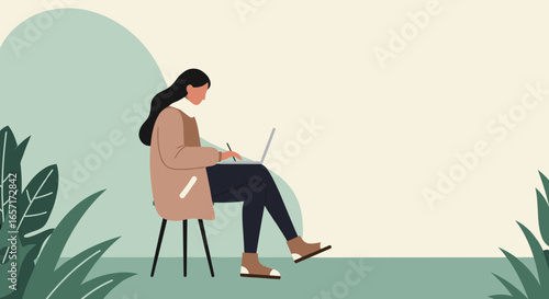 Focused woman working remotely on laptop in a tranquil, modern setting, illustrating productivity, digital learning, and a relaxed lifestyle.