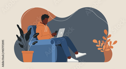 Relaxed person working from home, multitasking with laptop and smartphone. Represents remote work, online learning, or digital lifestyle.