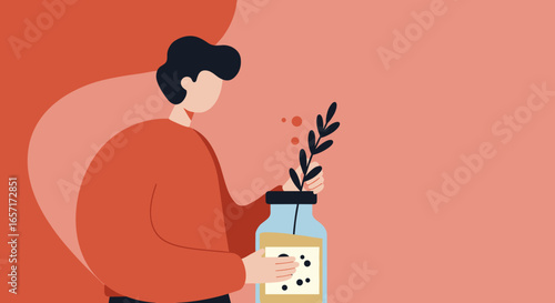 Person tending to a plant in a jar, symbolizing growth, sustainability, and home care. Ideal for natural product, eco-friendly, or lifestyle concepts.