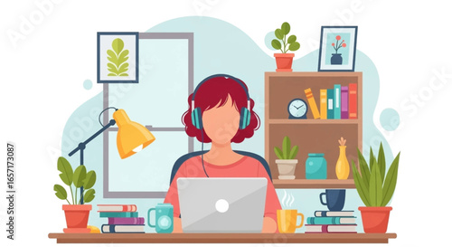 A focused woman in headphones works remotely on her laptop in a comfortable home office setup, ideal for themes of productivity, online learning, or virtual collaboration.