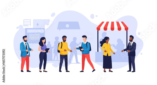 Diverse individuals connect in various settings, from business discussions to market interactions, symbolizing communication, commerce, and community engagement.
