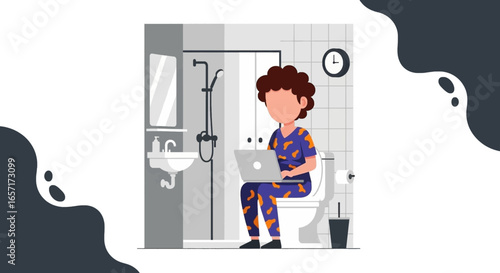 Person in pajamas works on a laptop while on the toilet, illustrating remote work, flexible hours, and unconventional workspaces.