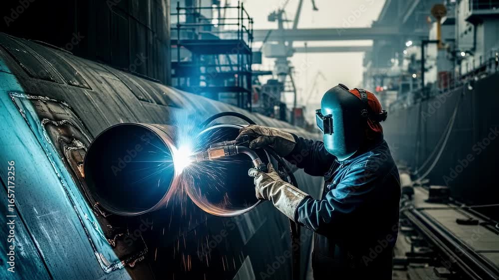 Welder applying orbital welding on submarine pipeline segments ...