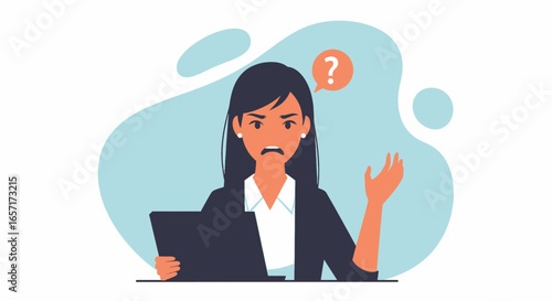 Frustrated businesswoman holding laptop with a question mark, facing problems or technical difficulties. Ideal for business, support, and IT concepts.