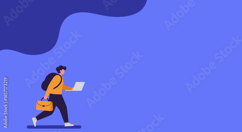 A person walking with a laptop, briefcase, and backpack, symbolizing mobile productivity, remote work, or modern education. Ideal for tech, business, or lifestyle concepts.