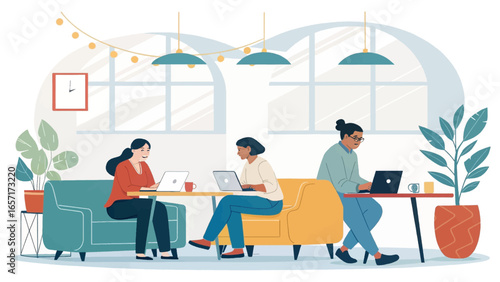 Diverse professionals focused on laptops in a vibrant coworking space. Ideal for business, remote work, productivity, or modern lifestyle themes.