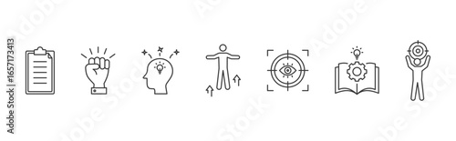 Personal development plan icon set concept with planning, motivation, creativity, development, vision, learning, goals icon vector illustration