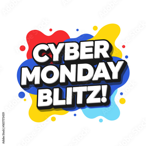 Cyber Monday Blitz! Promotional sale banner with colorful abstract shapes. Vector illustration for online shopping event and discount offer.