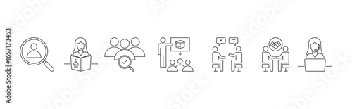 Sales Cycle icon set with prospecting, connecting, qualifying, presentation, handling objections, deal closing, and follow up concept illustration