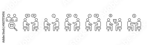 Selling Skills icon set with prospecting, communication, approach, probing, objection handling, negotiation, deal closing icon vector illustration