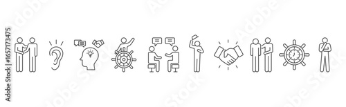 Soft Skills icon set with relationship, active listening, interpersonal skill, leadership, communication skill, respect, conflict resolution, empathy, time management and patience icon concept