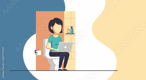 Person using a laptop on the toilet. Depicts modern remote work, extreme multitasking, and the blurred lines of work-life balance at home.