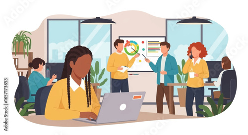 Productive business team collaborating and working diligently in a contemporary office setting. Ideal for corporate and professional themes.