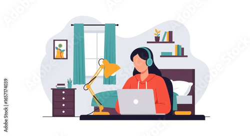 Young woman wearing headphones works on a laptop in her cozy bedroom, ideal for concepts of remote work, online learning, or comfortable home productivity.