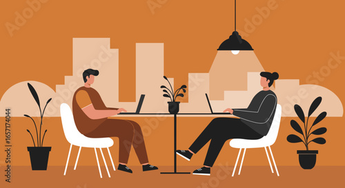 Two focused individuals work remotely on laptops in a modern co-working space with city views, symbolizing productivity and digital collaboration.