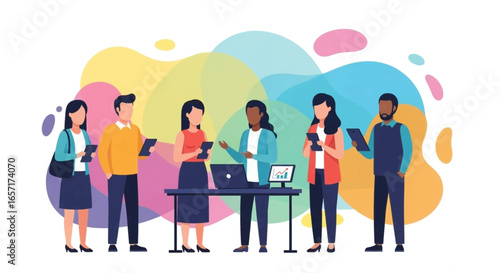 Diverse business professionals collaborate using digital devices, illustrating teamwork, communication, and modern enterprise in a colorful setting.