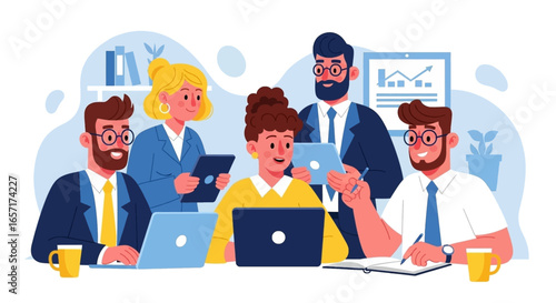 A diverse business team collaborates in a modern office, utilizing laptops and tablets for corporate strategy and project development.