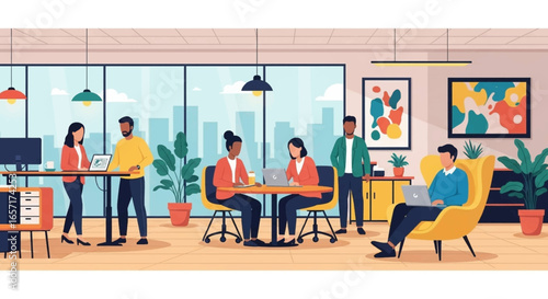Diverse professionals collaborating in a modern, vibrant office space, fostering teamwork and productivity for business success.