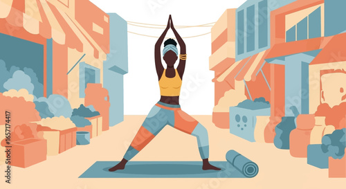 Woman practicing yoga in an urban market street, promoting wellness, mindfulness, and a healthy lifestyle in a vibrant, diverse setting.