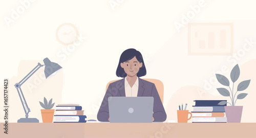 A focused businesswoman works diligently on her laptop at a tidy desk, surrounded by books and office essentials. Ideal for business, education, or productivity concepts.