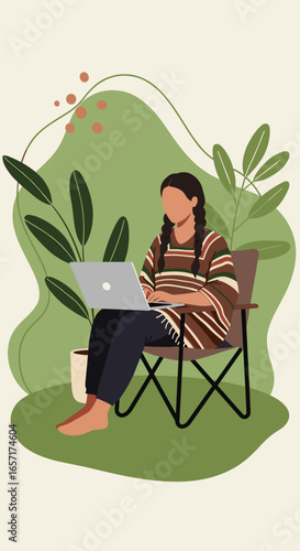 Woman with braids comfortably working on laptop in a relaxed, green environment. Perfect for remote work, freelancing, or digital lifestyle concepts.
