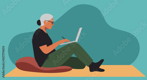 Mature woman using laptop and stylus, comfortably engaged in remote work or online learning. Portrays active senior lifestyle, digital skills, and productivity.