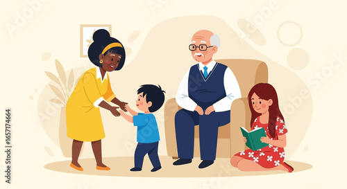 Happy multi-generational family at home. Grandparents caring for children, fostering learning and development in a loving environment. Family lifestyle.