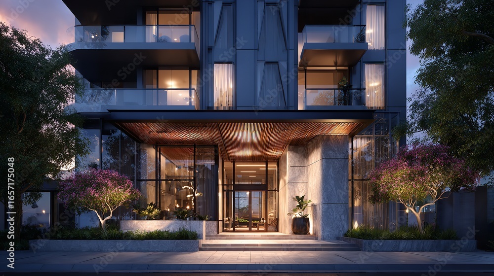Obraz premium Luxurious Modern Apartment Building Exterior with Blooming Trees at Twilight and Glass Entrance and Balconies