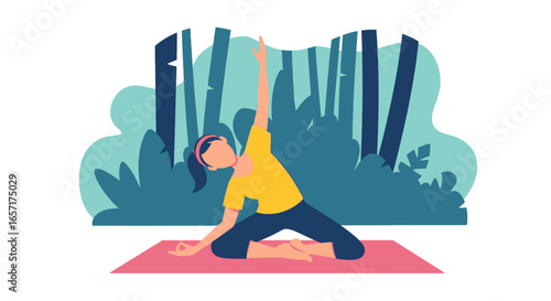 Woman practicing yoga outdoors, finding peace and balance in nature. Ideal for health, wellness, and mindful living concepts.