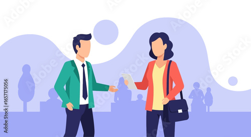 Two business professionals engage in a discussion, exchanging documents or ideas in a modern, stylized environment. Ideal for concepts of partnership, communication, and business interactions.