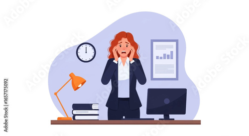 Stressed businesswoman overwhelmed by office workload and deadlines. Represents anxiety, pressure, and burnout in a corporate environment.